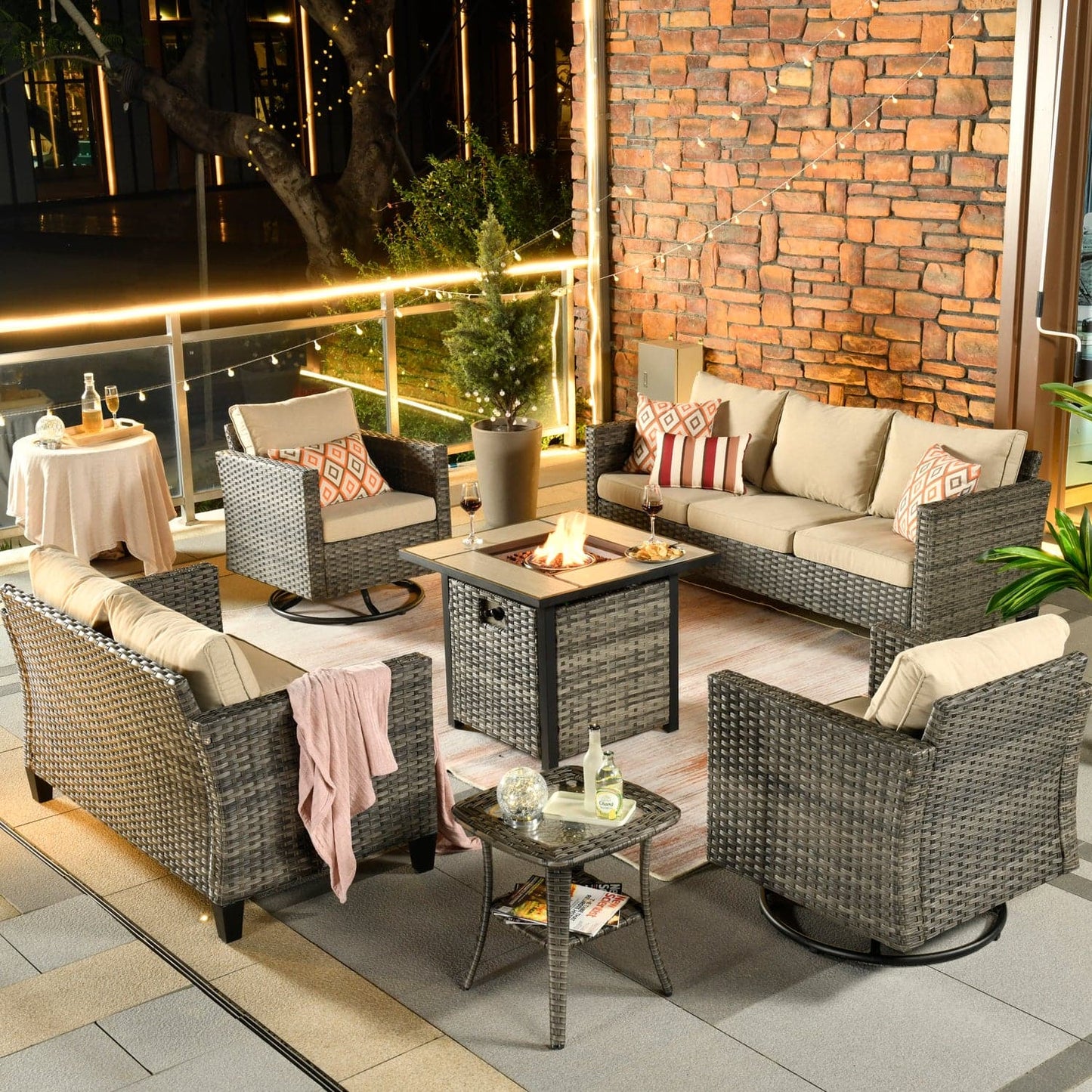 OVIOS Patio Vultros 6-Piece Set With Swivel Chair Lover seat and 30'' Propane Fire Pit Table