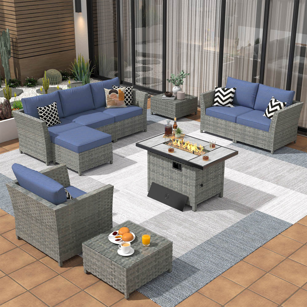 OVIOS New Rimaru Series Patio Furniture Set 10-Piece include 42"Rectangle Fire Pit Table Partially Assembled