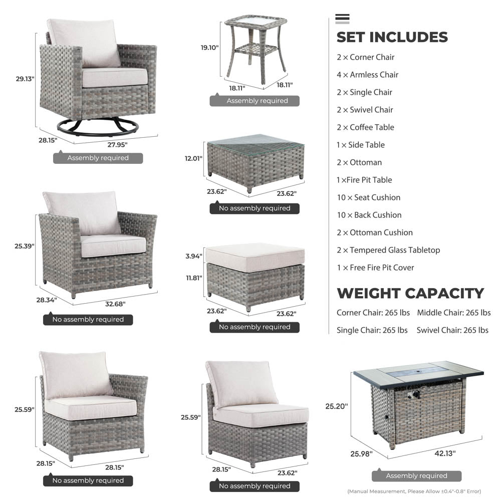 OVIOS New Rimaru Series Patio Furniture Set 15-Piece include Swivel Chairs and 42"Rectangle Fire Pit Table Partially Assembled