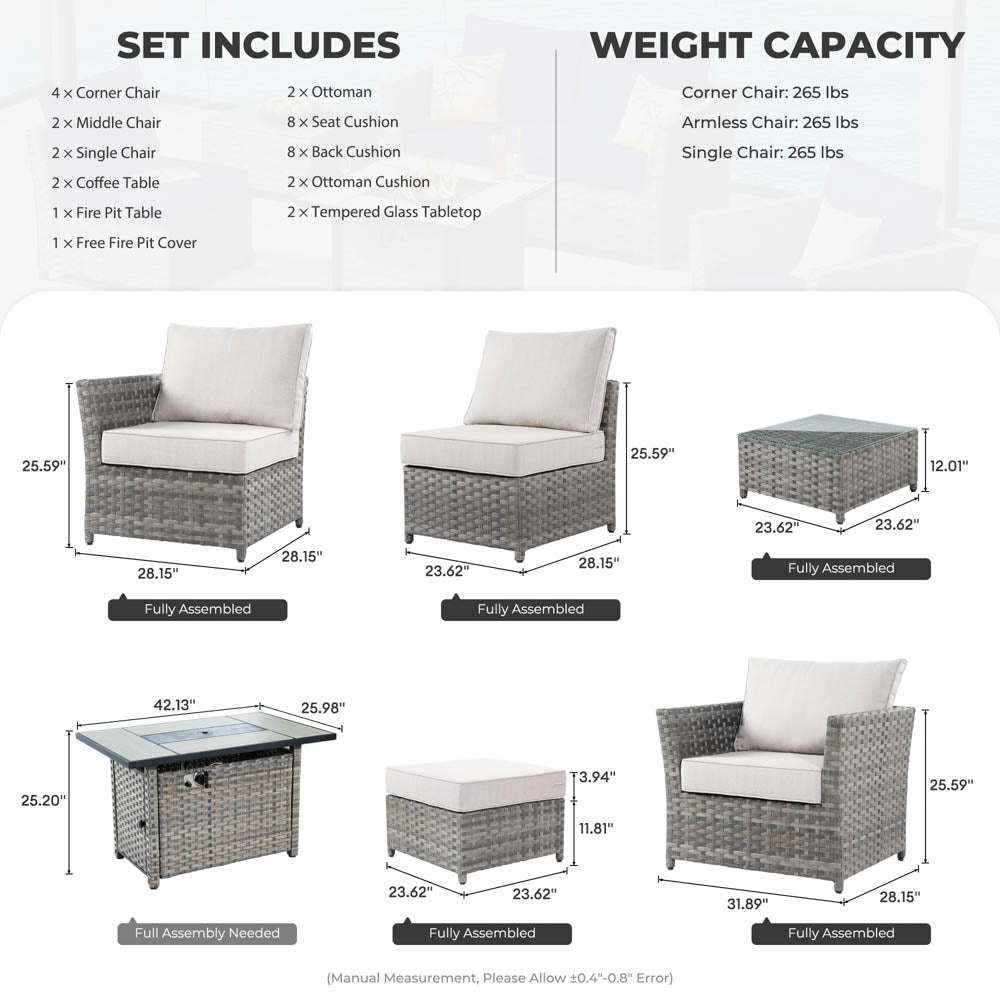 OVIOS New Rimaru Series Patio Furniture Set 13-Piece include 42"Rectangle Fire Pit Table Partially Assembled