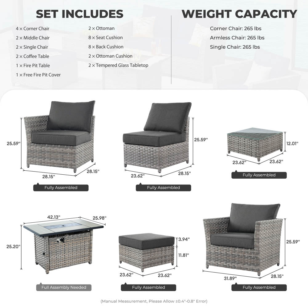 OVIOS New Rimaru Series Patio Furniture Set 13-Piece include 42"Rectangle Fire Pit Table Partially Assembled
