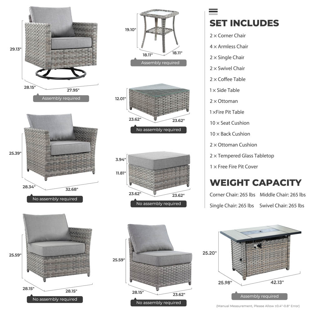 OVIOS New Rimaru Series Patio Furniture Set 15-Piece include Swivel Chairs and 42"Rectangle Fire Pit Table Partially Assembled
