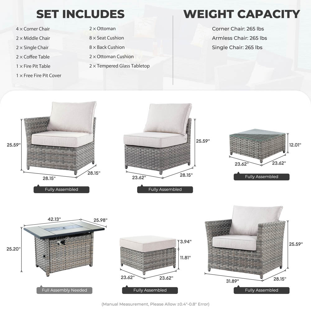 OVIOS New Rimaru Series Patio Furniture Set 13-Piece include 42"Rectangle Fire Pit Table Partially Assembled