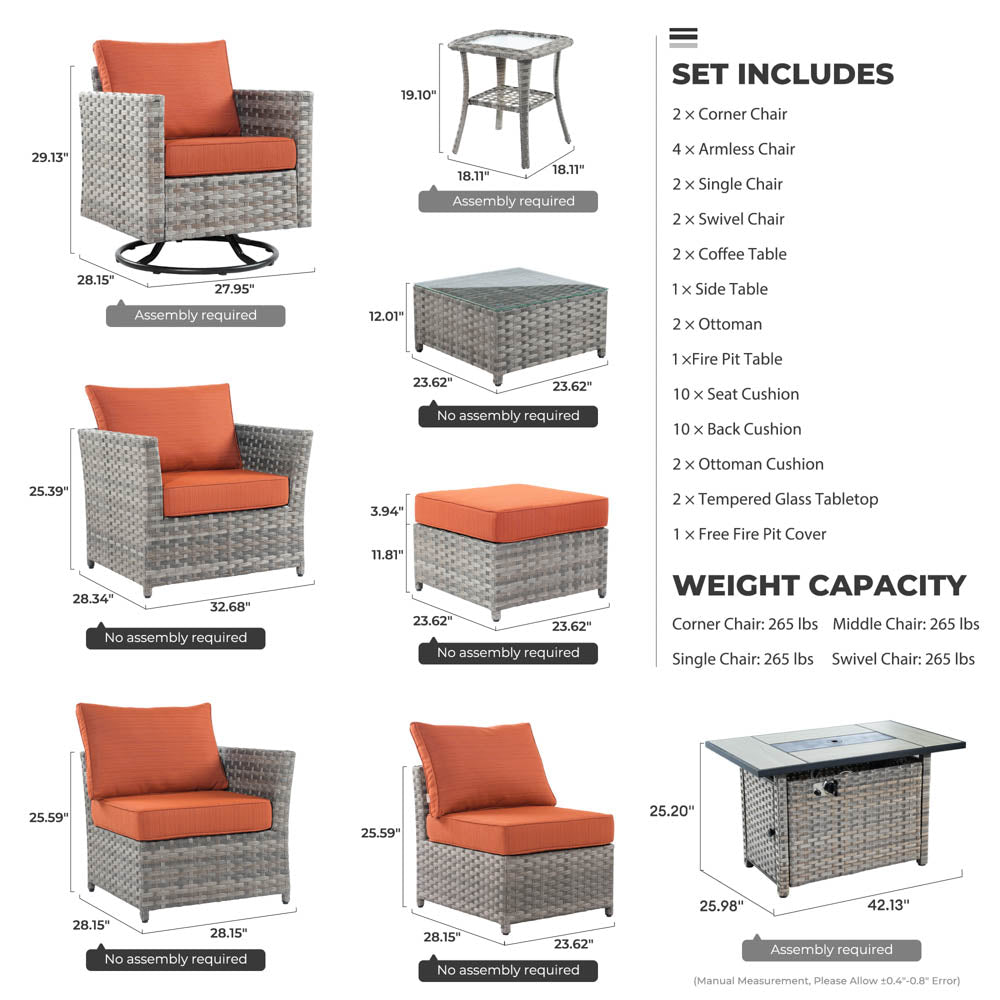OVIOS New Rimaru Series Patio Furniture Set 15-Piece include Swivel Chairs and 42"Rectangle Fire Pit Table Partially Assembled