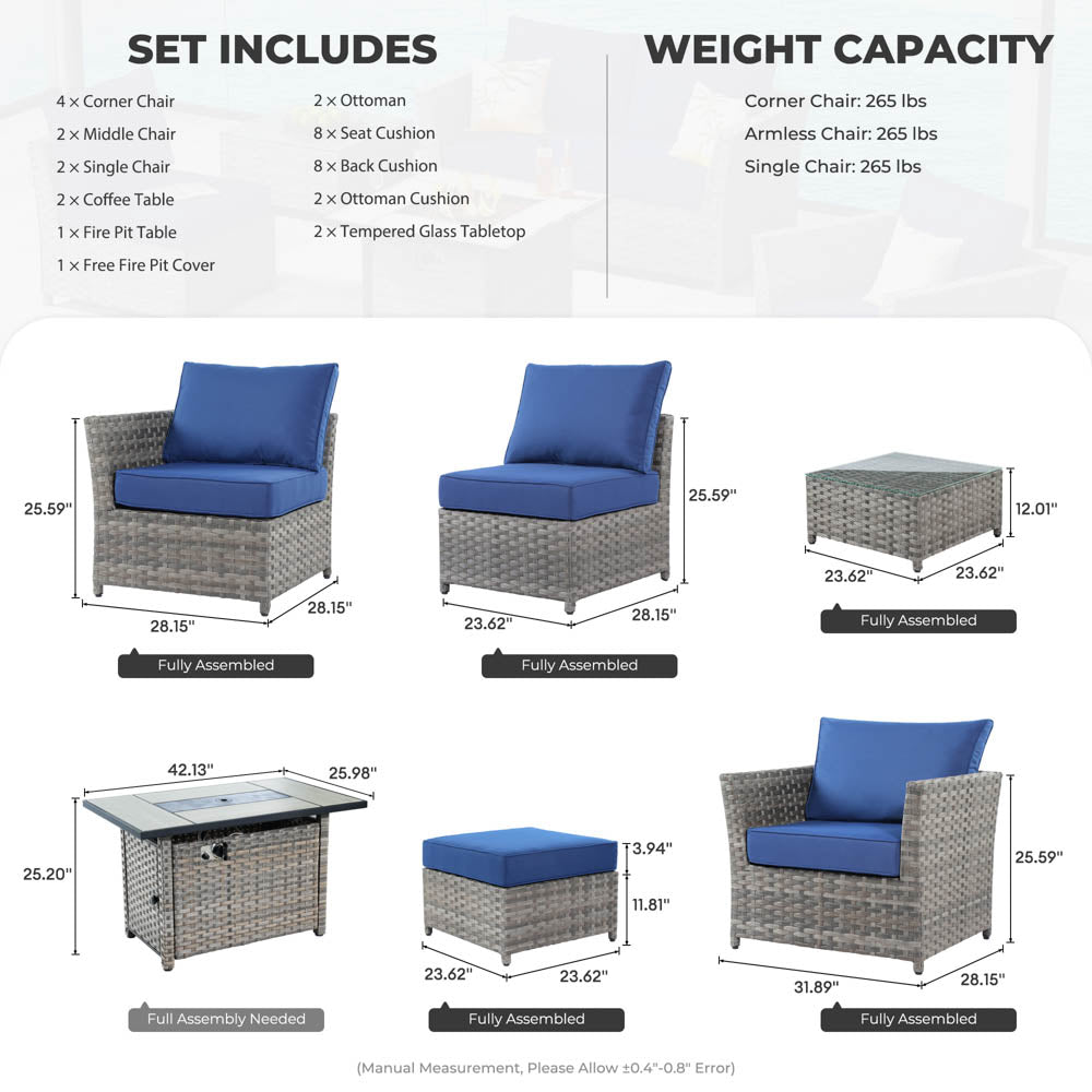 OVIOS New Rimaru Series Patio Furniture Set 13-Piece include 42"Rectangle Fire Pit Table Partially Assembled