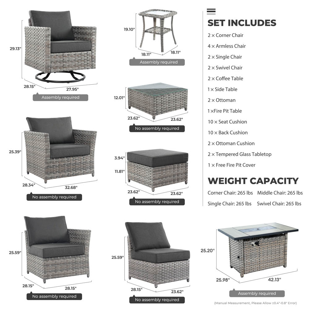 OVIOS New Rimaru Series Patio Furniture Set 15-Piece include Swivel Chairs and 42"Rectangle Fire Pit Table Partially Assembled