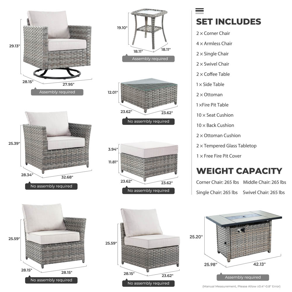OVIOS New Rimaru Series Patio Furniture Set 15-Piece include Swivel Chairs and 42"Rectangle Fire Pit Table Partially Assembled