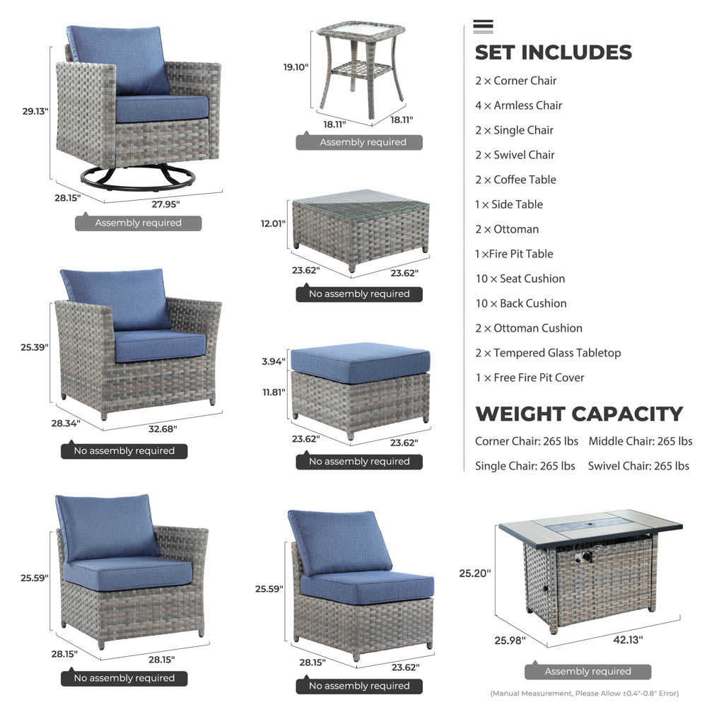 OVIOS New Rimaru Series Patio Furniture Set 15-Piece include Swivel Chairs and 42"Rectangle Fire Pit Table Partially Assembled
