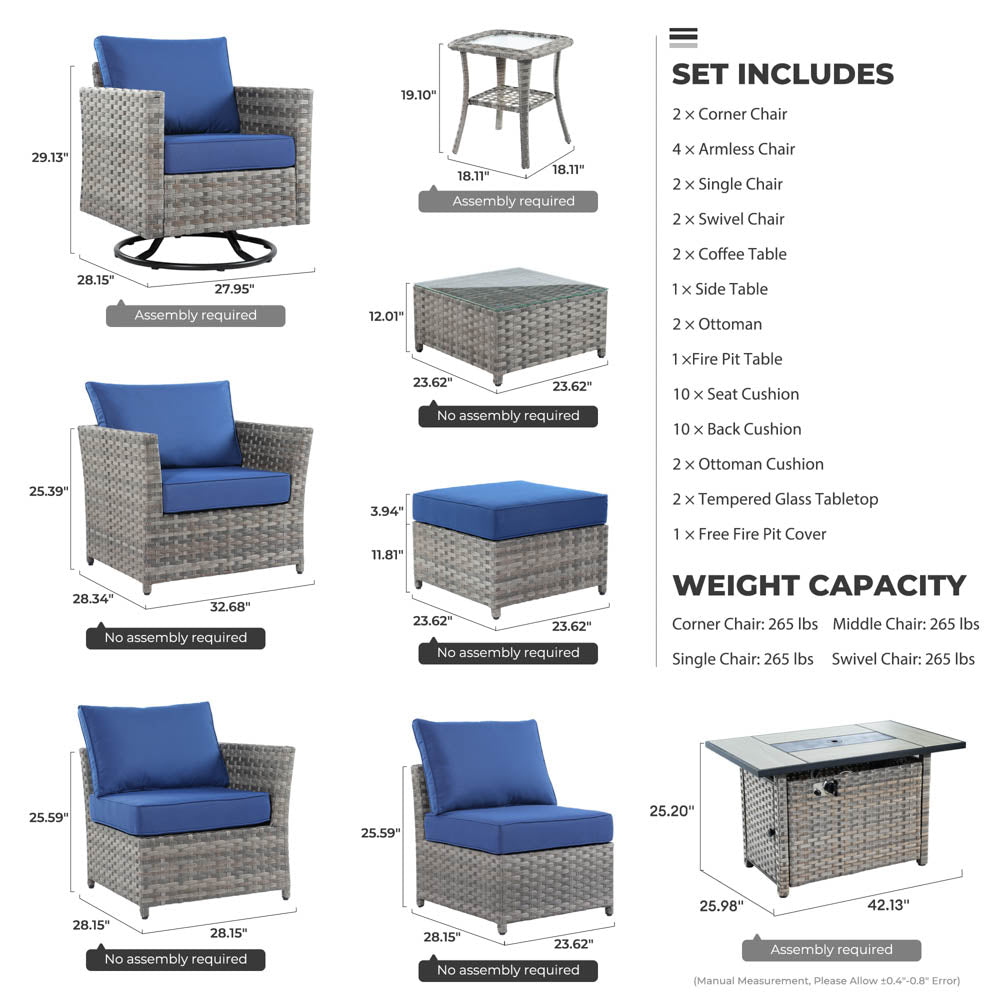 OVIOS New Rimaru Series Patio Furniture Set 15-Piece include Swivel Chairs and 42"Rectangle Fire Pit Table Partially Assembled