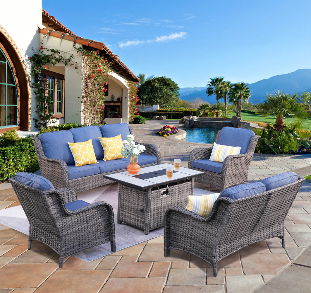 OVIOS Patio Kenard 5-Piece Conversation Set with 42'' Fire Pit Table and Loveseat