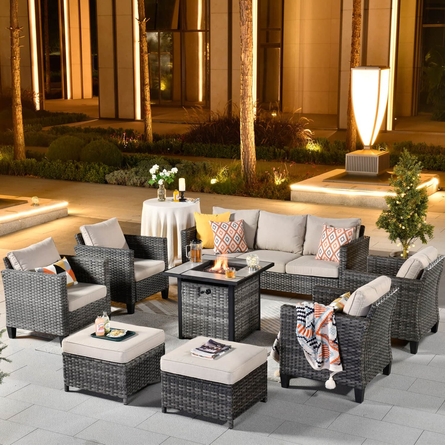 OVIOS Patio Vultros 8-Piece Conversation Set with 30'' Propane Fire Pit Table