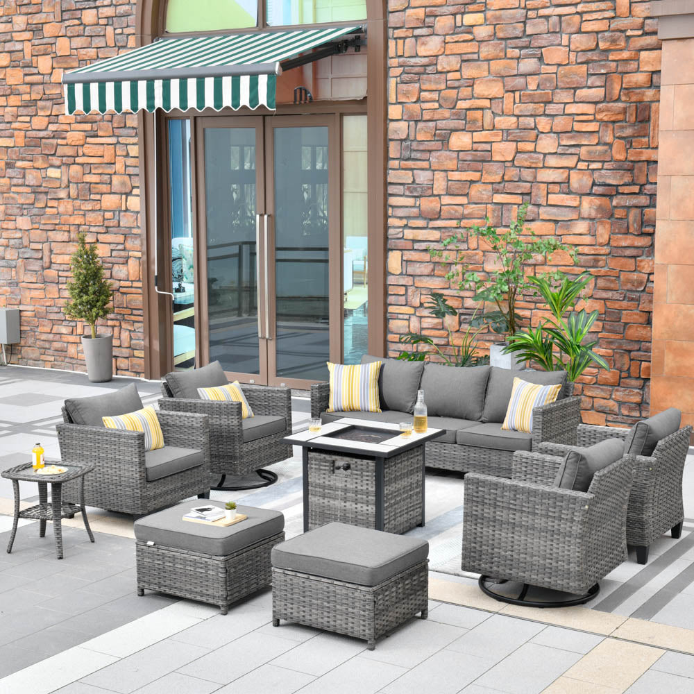 OVIOS Patio Vultros 9-Piece Set with 2 Swivel Chairs and 30'' Propane Fire Pit Table
