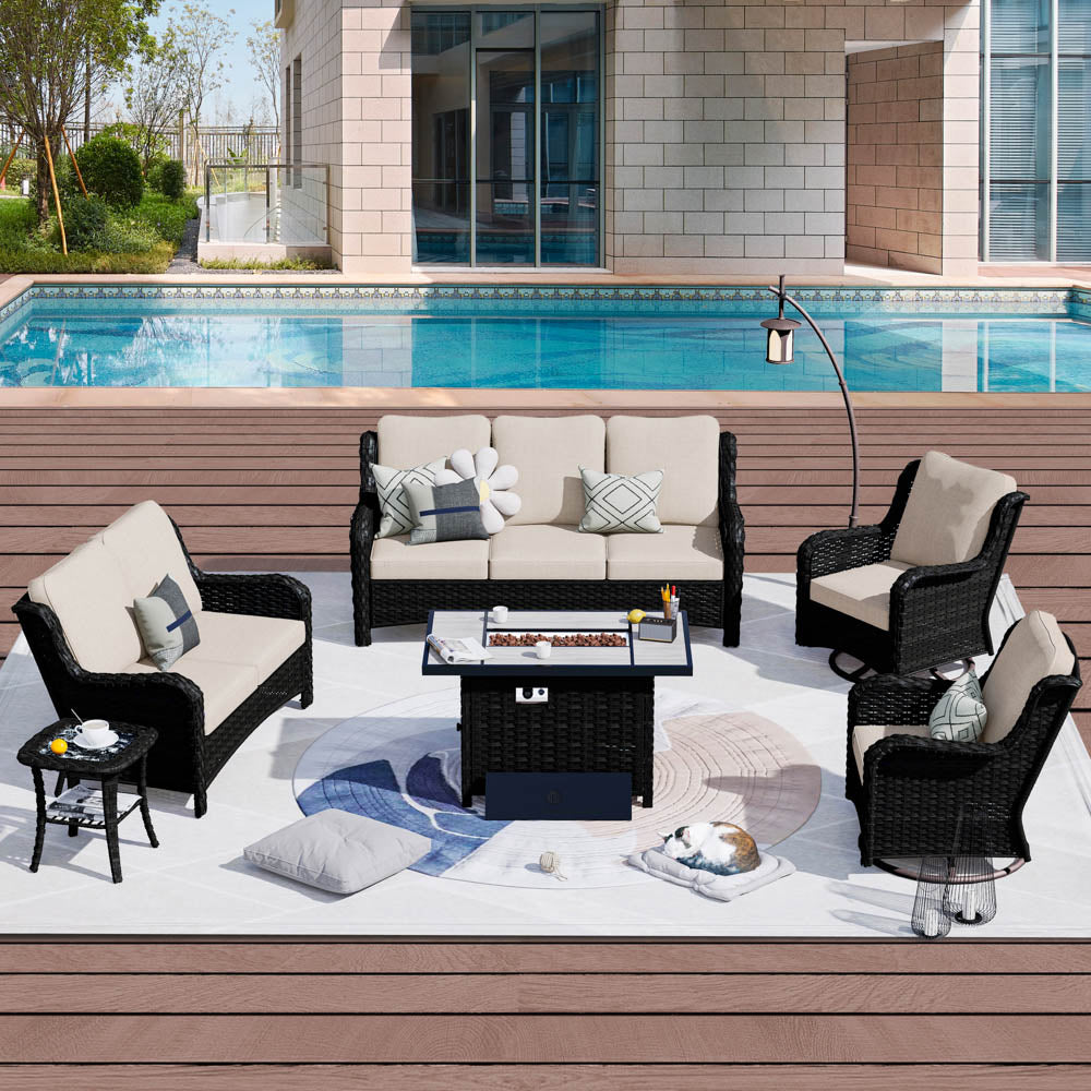 OVIOS Patio Kenard 6-Piece Conversation Set with 42'' Rectangle Propane Fire Pit Table and Rocking Chairs