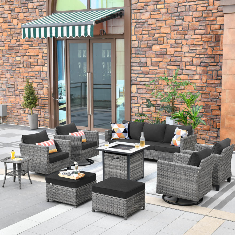OVIOS Patio Vultros 9-Piece Set with 2 Swivel Chairs and 30'' Propane Fire Pit Table