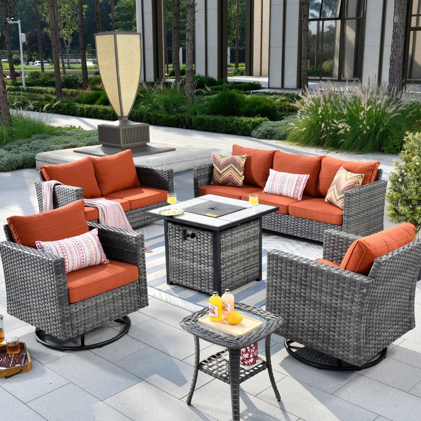 OVIOS Patio Vultros 6-Piece Set With Swivel Chair Lover seat and 30'' Propane Fire Pit Table