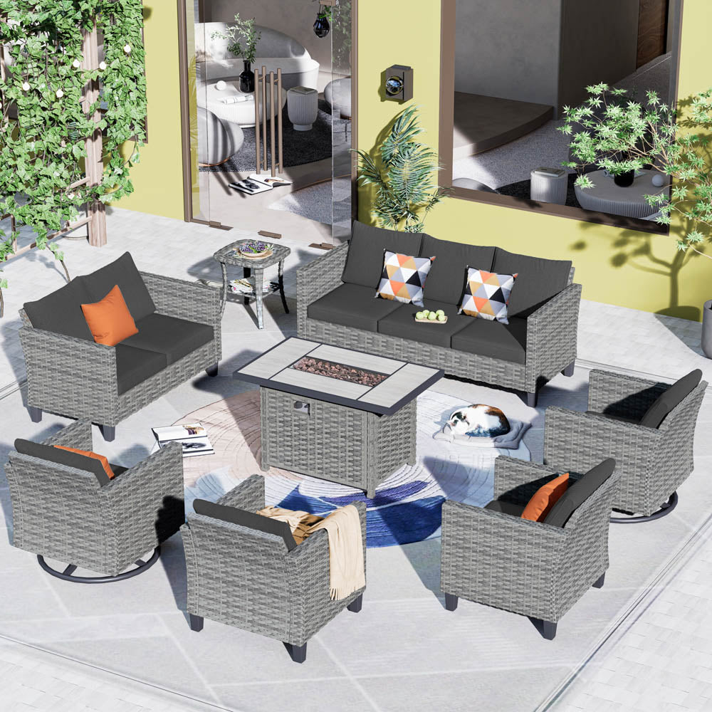 OVIOS Patio Vultros 8-Piece Set With Swivel Chair and Rectangle 42'' Propane Fire Pit Table