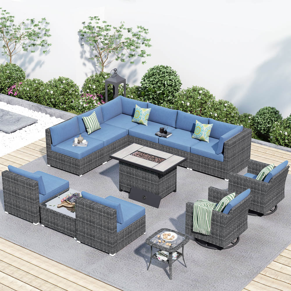 OVIOS Patio Furniture 13-Piece Outdoor Sectional Sofa Set with Wicker Rocking Swivel Chairs and 42.12'' Fire Pit