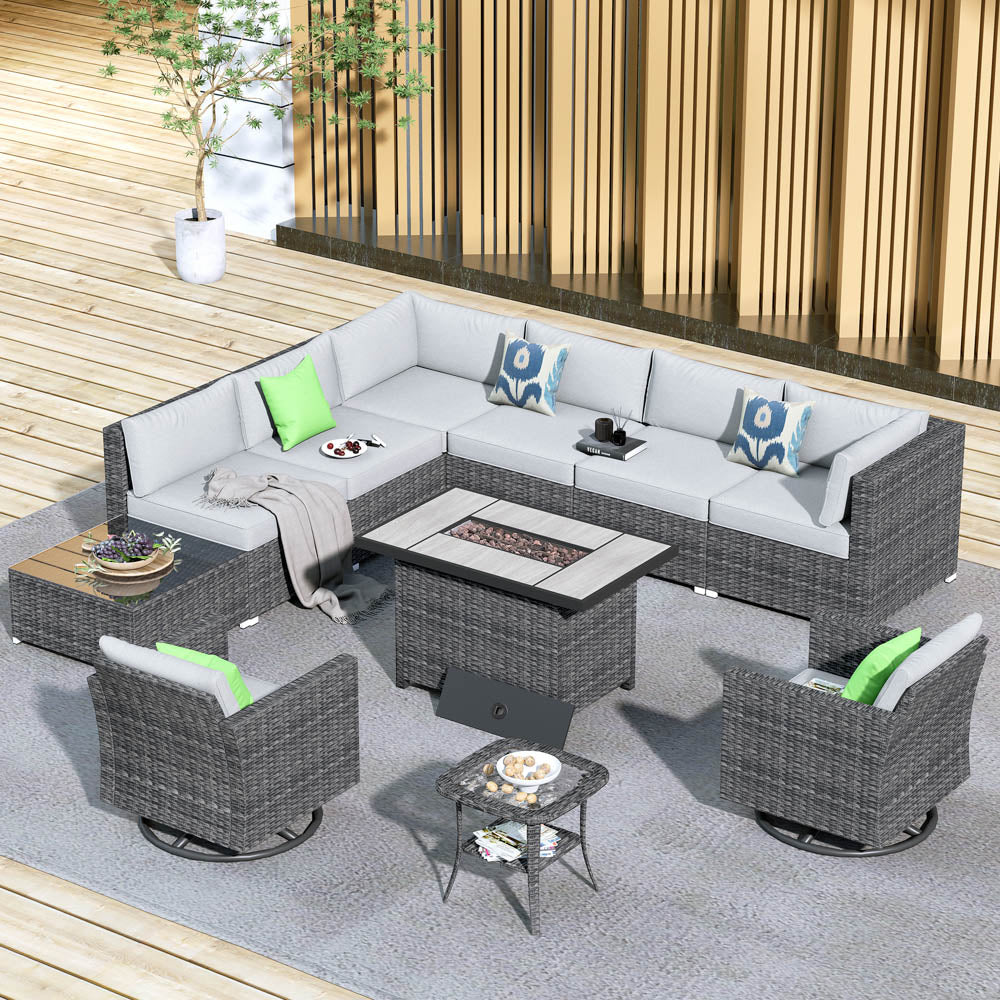 OVIOS Patio Furniture 11-Piece Outdoor Sectional Sofa Set with Wicker Rocking Swivel Chairs and 42.12'' Fire Pit