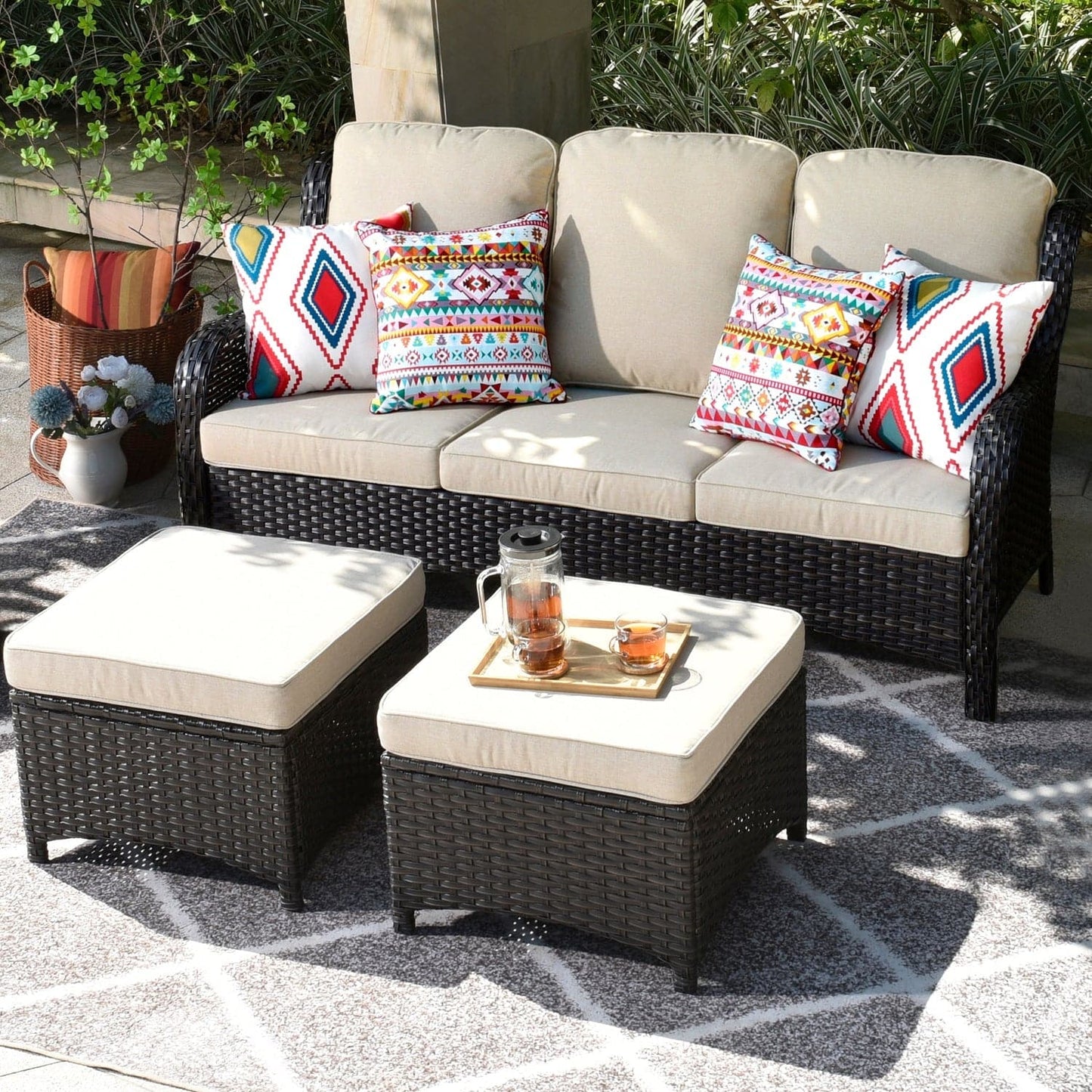OVIOS Outdoor Couch 3-Piece with Ottoman Kenard Curved Handrest