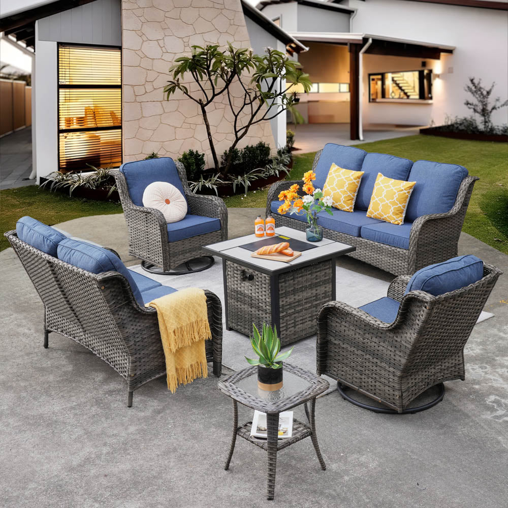 OVIOS Patio Kenard 6-Piece Conversation Set with 30'' Propane Fire Pit Table and Rocking Chairs