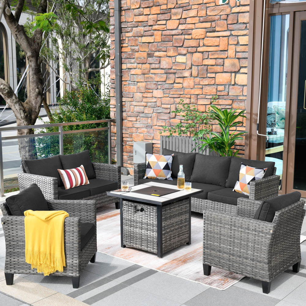 OVIOS Patio Vultros Furniture Set 7-Person Seating with 30'' Propane Fire Pit Table
