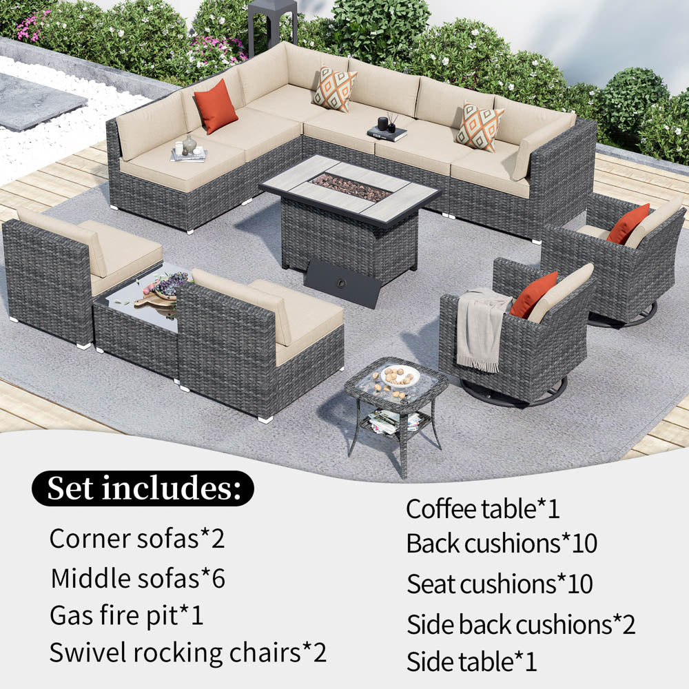 OVIOS Patio Furniture 13-Piece Outdoor Sectional Sofa Set with Wicker Rocking Swivel Chairs and 42.12'' Fire Pit