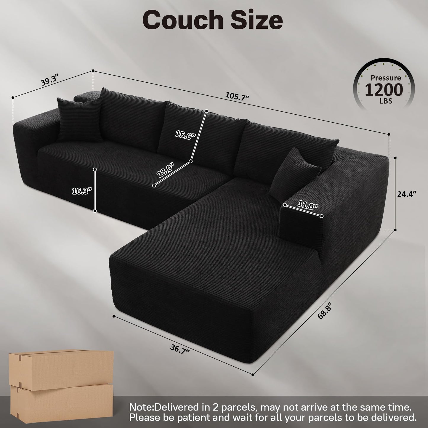 OVIOS 104" L-Shape Modular Couch with Chaise, Plush Corduroy Fabric, No Assembly Required