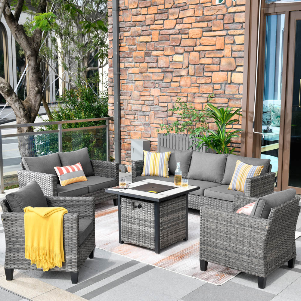 OVIOS Patio Vultros Furniture Set 7-Person Seating with 30'' Propane Fire Pit Table