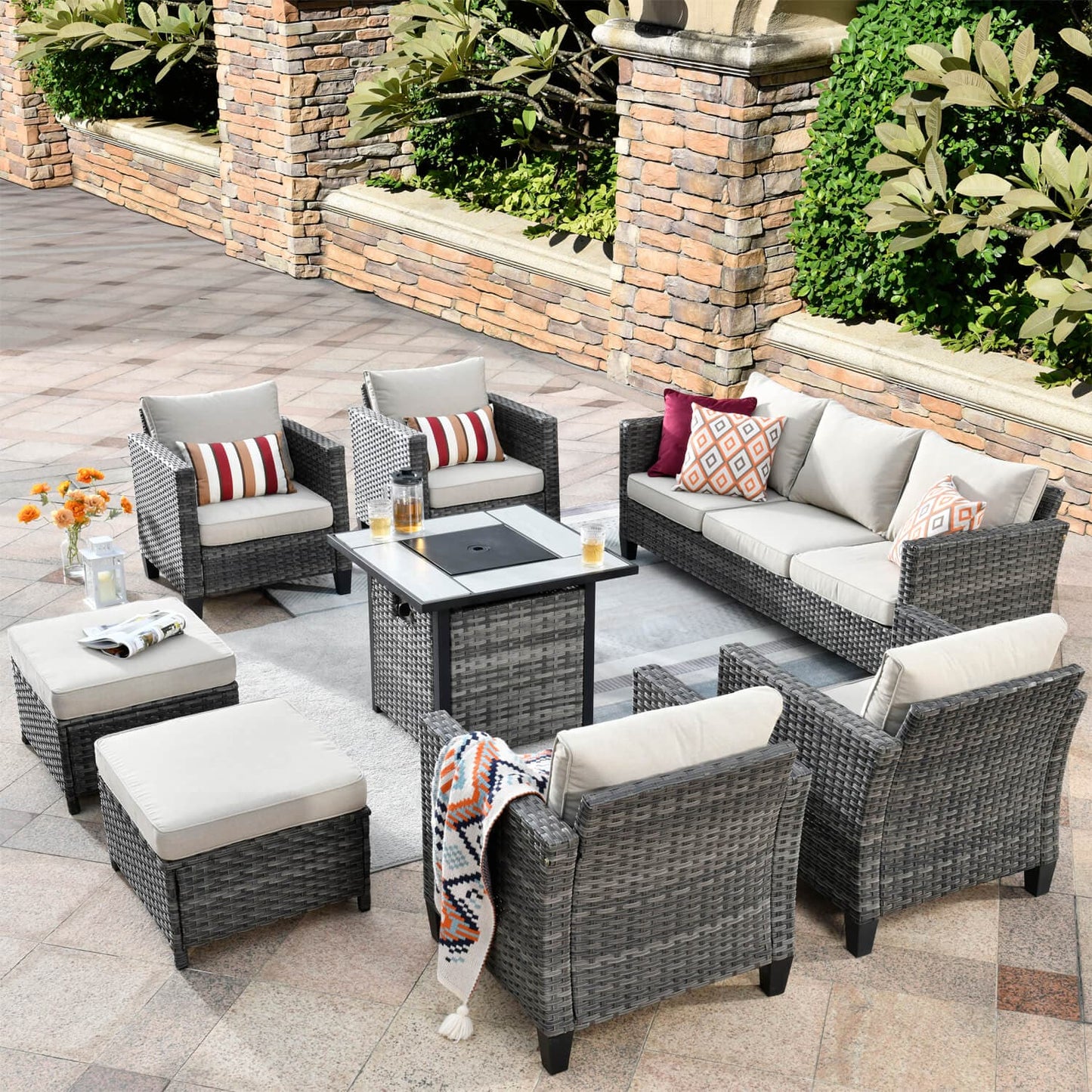 OVIOS Patio Vultros 8-Piece Conversation Set with 30'' Propane Fire Pit Table