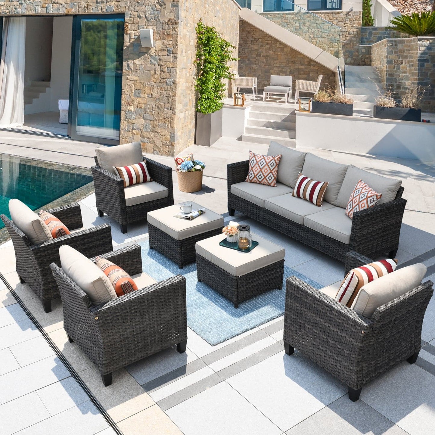 OVIOS Patio Furniture Set New Vultros 7-Piece High Back with Cushions