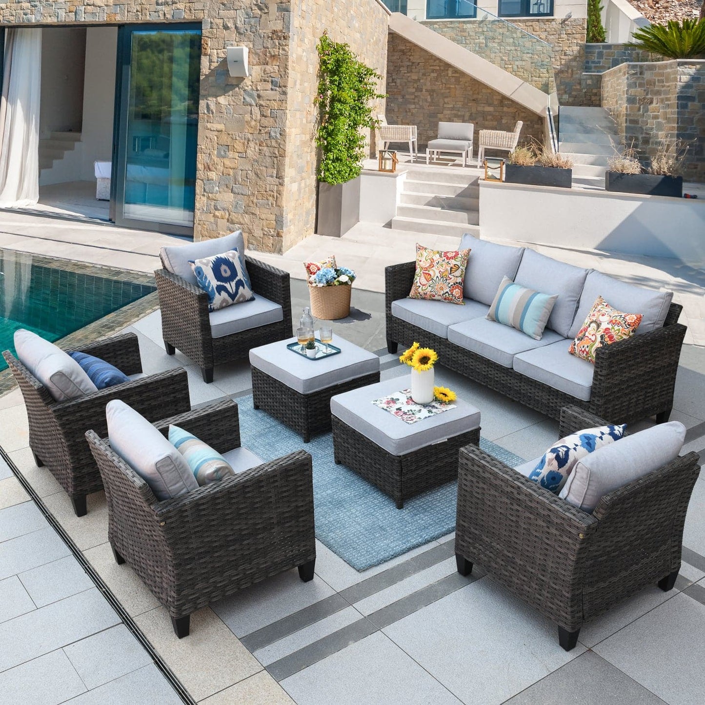 OVIOS Patio Furniture Set New Vultros 7-Piece High Back with Cushions