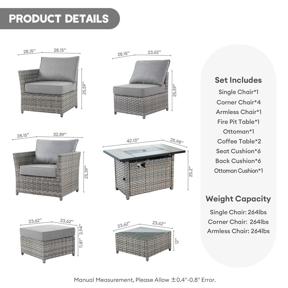 OVIOS New Rimaru Series Patio Furniture Set 10-Piece include 42"Rectangle Fire Pit Table Partially Assembled