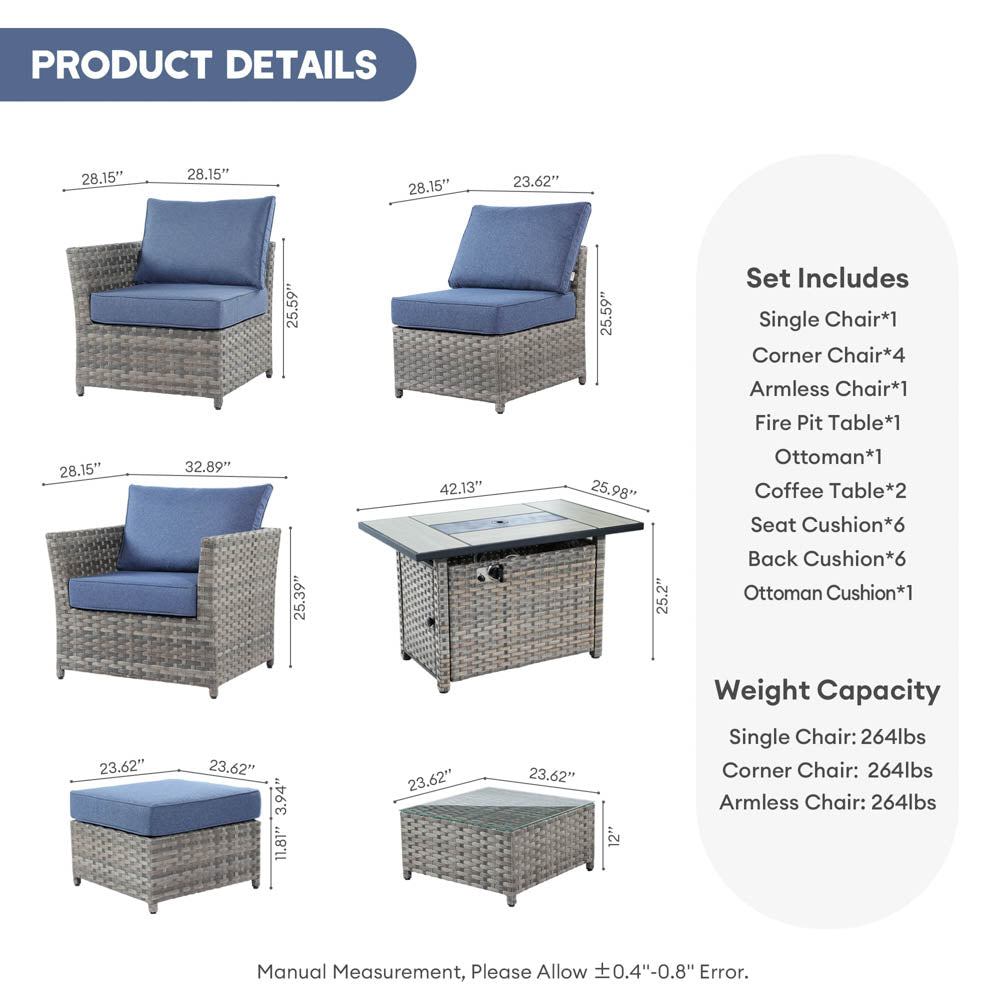 OVIOS New Rimaru Series Patio Furniture Set 10-Piece include 42"Rectangle Fire Pit Table Partially Assembled
