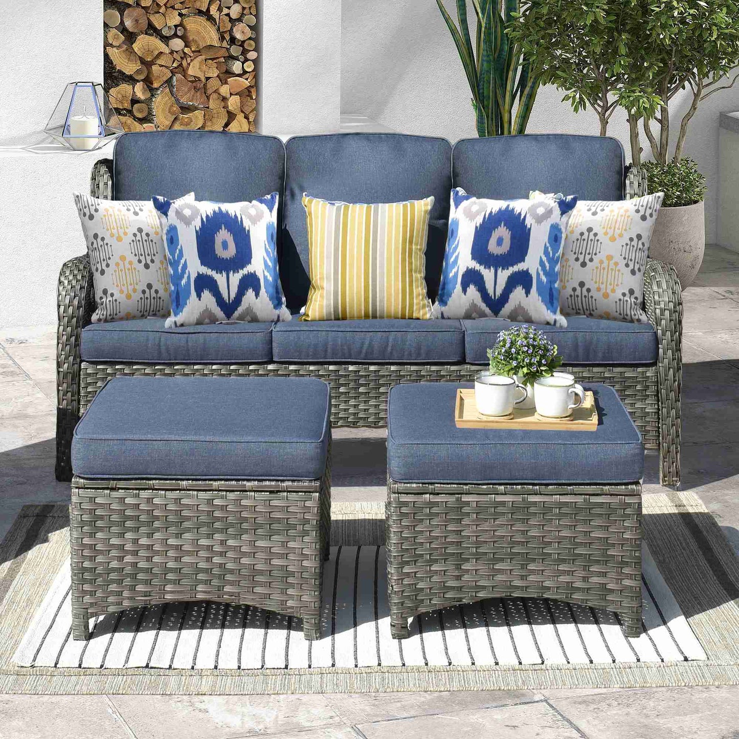 OVIOS Outdoor Couch 3-Piece with Ottoman Kenard Curved Handrest