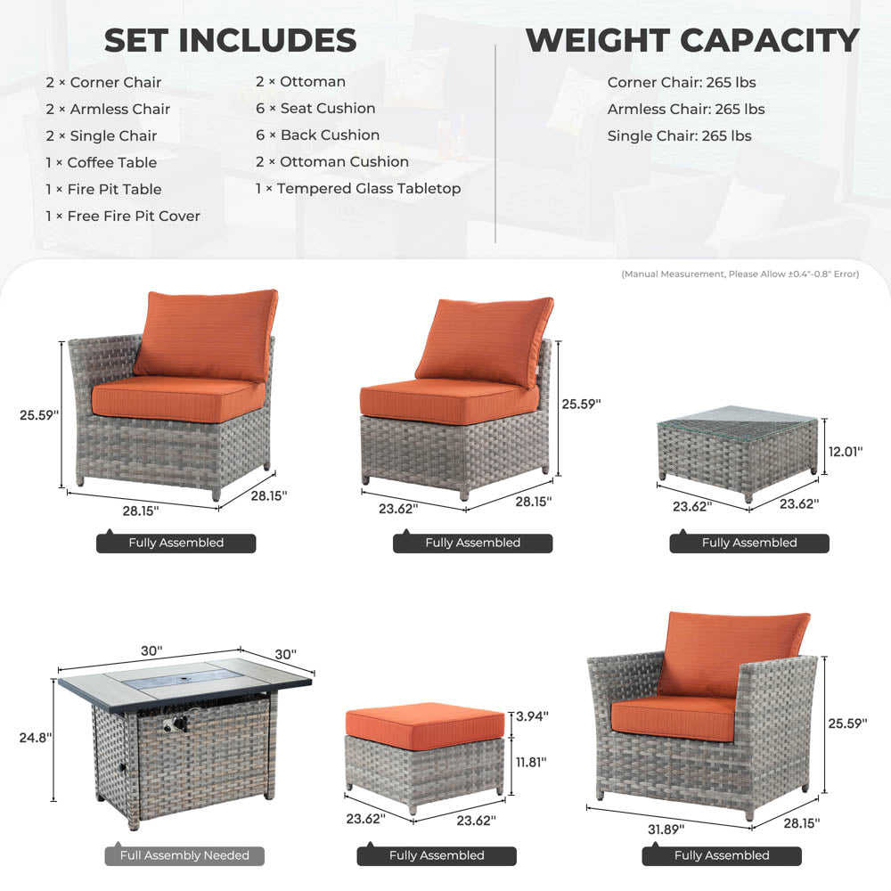 OVIOS New Rimaru Series Patio Furniture Set 10-Piece include 42"Rectangle Fire Pit Table Partially Assembled