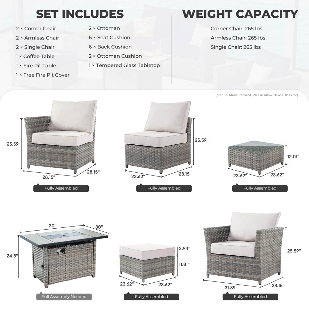 OVIOS New Rimaru Series Patio Furniture Set 10-Piece include 42"Rectangle Fire Pit Table Partially Assembled