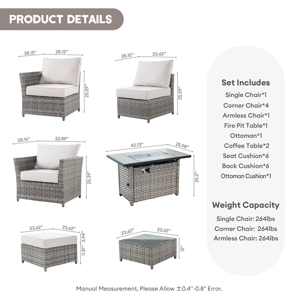 OVIOS New Rimaru Series Patio Furniture Set 10-Piece include 42"Rectangle Fire Pit Table Partially Assembled