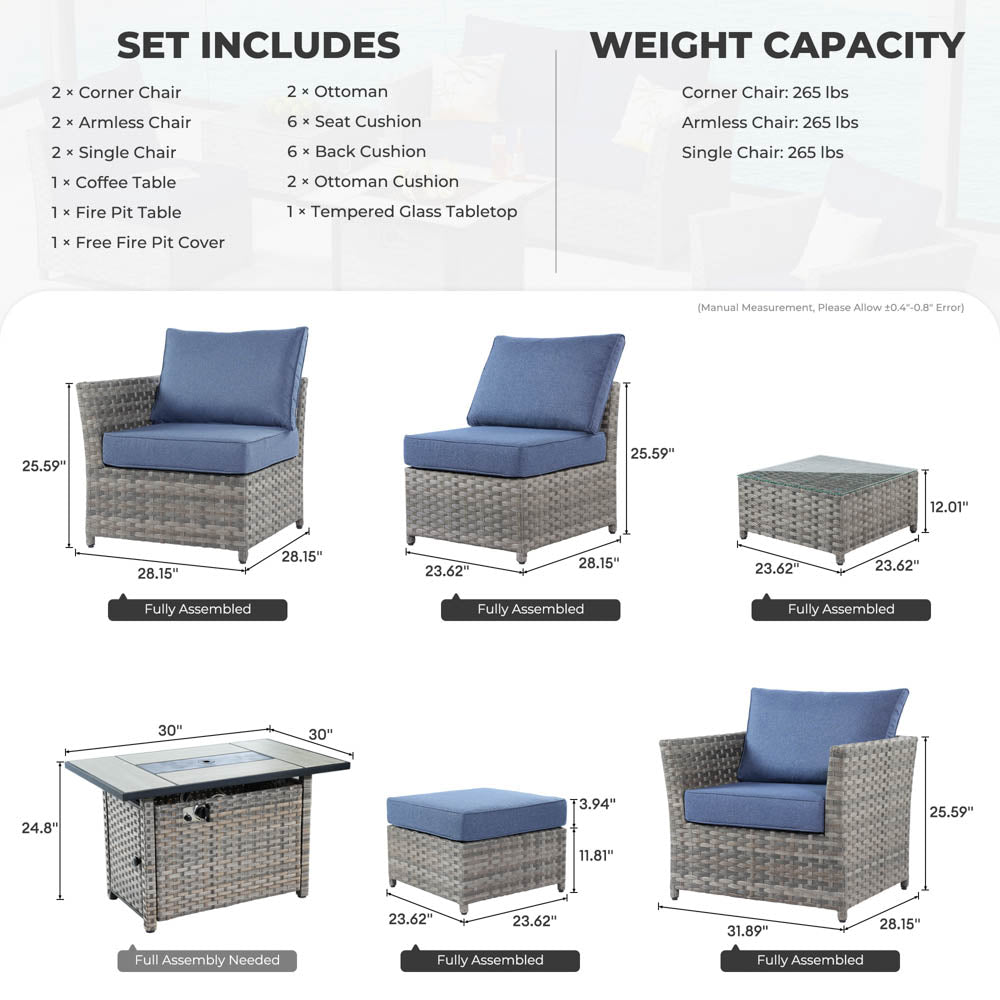 OVIOS New Rimaru Series Patio Furniture Set 10-Piece include 42"Rectangle Fire Pit Table Partially Assembled