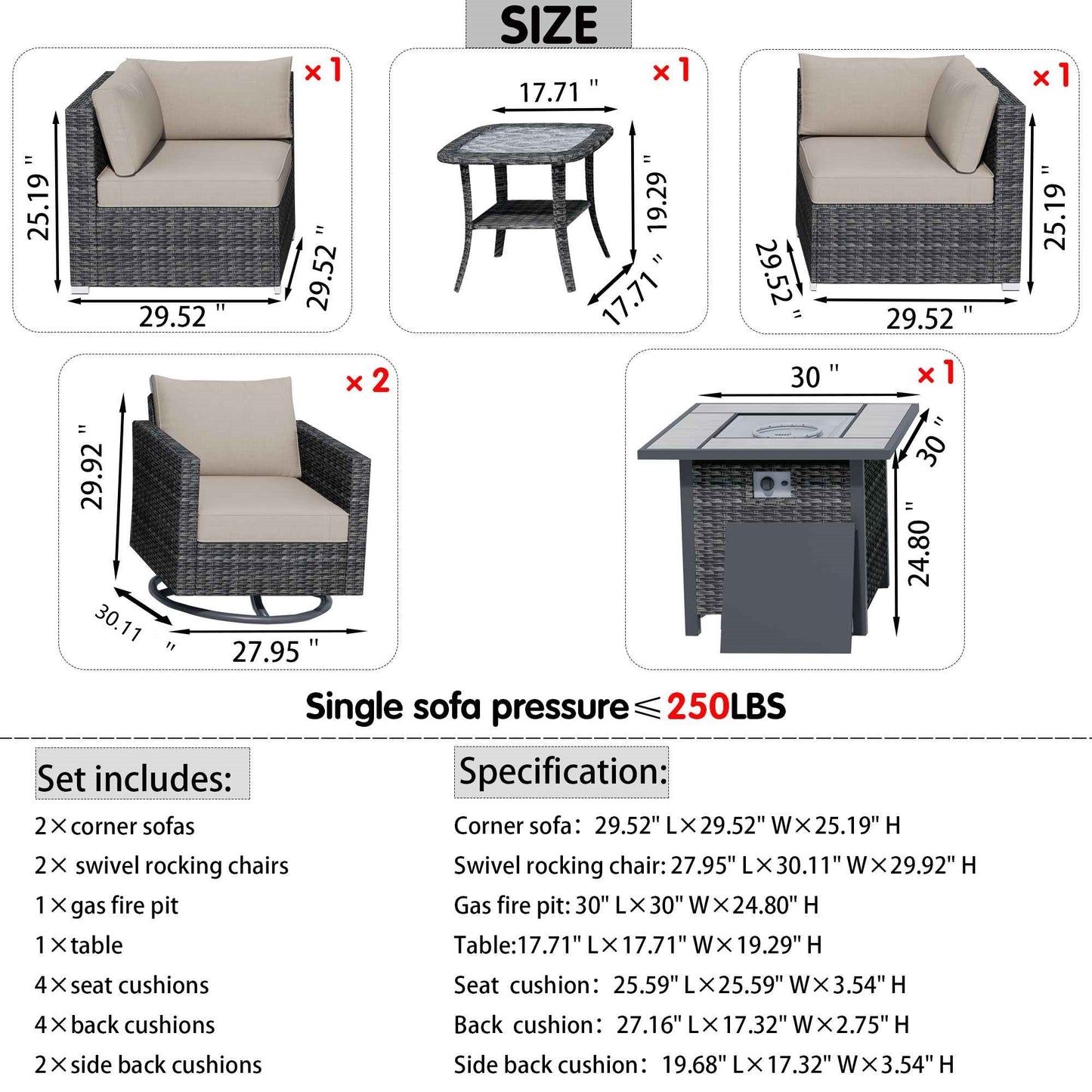 OVIOS Outdoor Sectional Furniture 6-Piece with Rocking Chair and 30'' Fire Pit Table