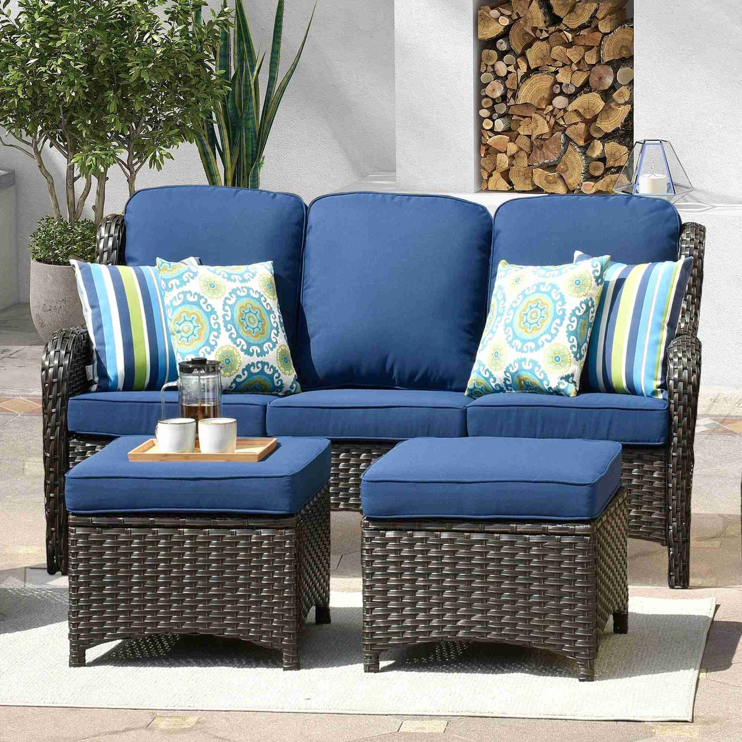OVIOS Outdoor Couch 3-Piece with Ottoman Kenard Curved Handrest