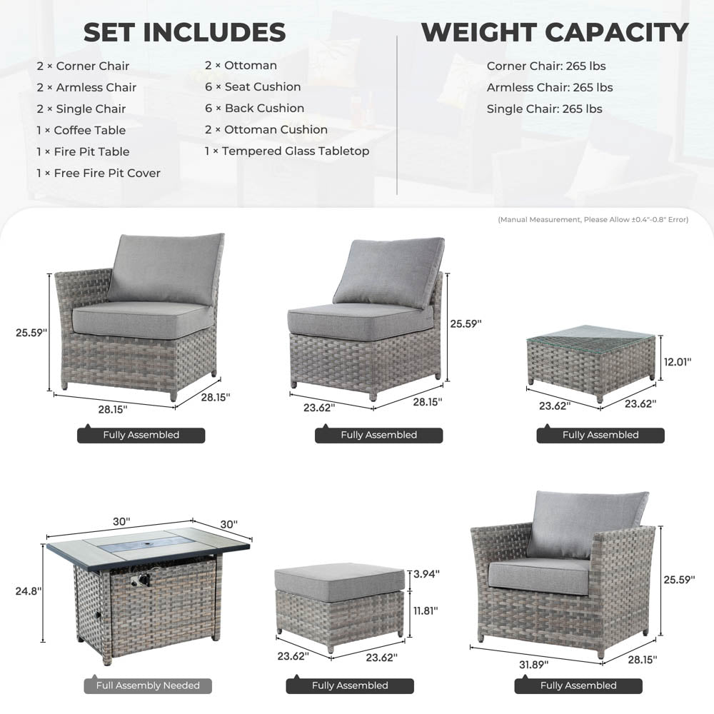 OVIOS New Rimaru Series Patio Furniture Set 10-Piece include 42"Rectangle Fire Pit Table Partially Assembled