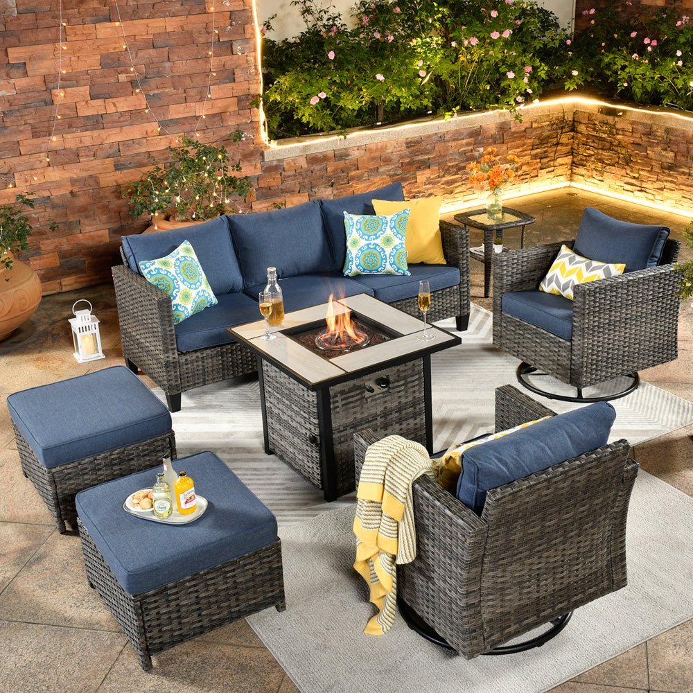 OVIOS Patio Vultros 7-Piece Set with 2 Rocking chairs and 30'' Propane Fire Pit Table