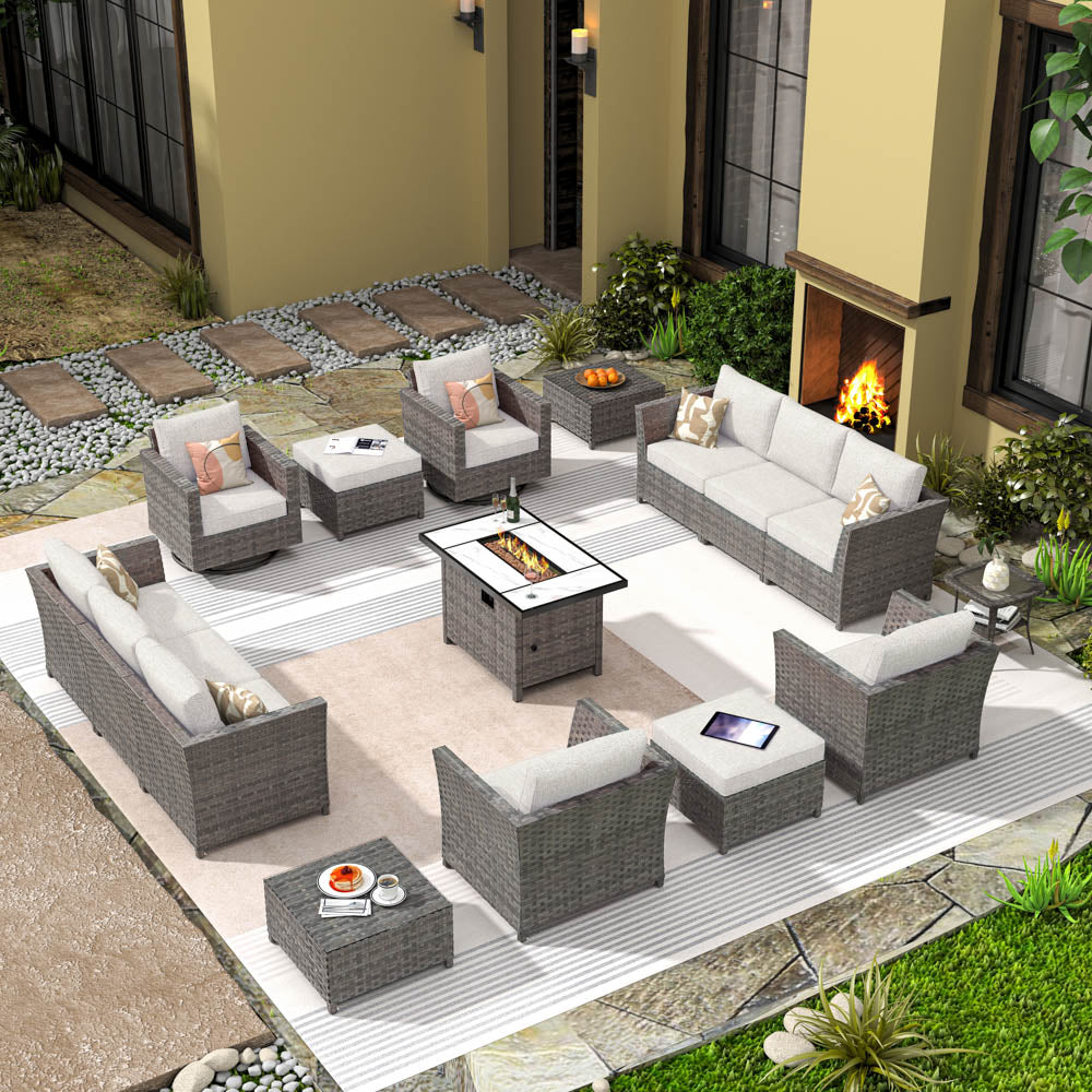OVIOS New Rimaru Series Patio Furniture Set 15-Piece include Swivel Chairs and 42"Rectangle Fire Pit Table Partially Assembled
