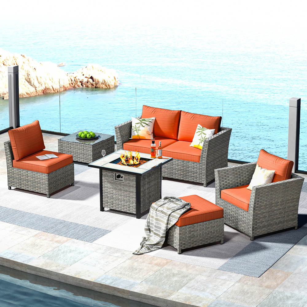 OVIOS Patio Furniture Set New Rimaru 7-Piece Set include 30'' Square Fire Pit Table Partially Assembled