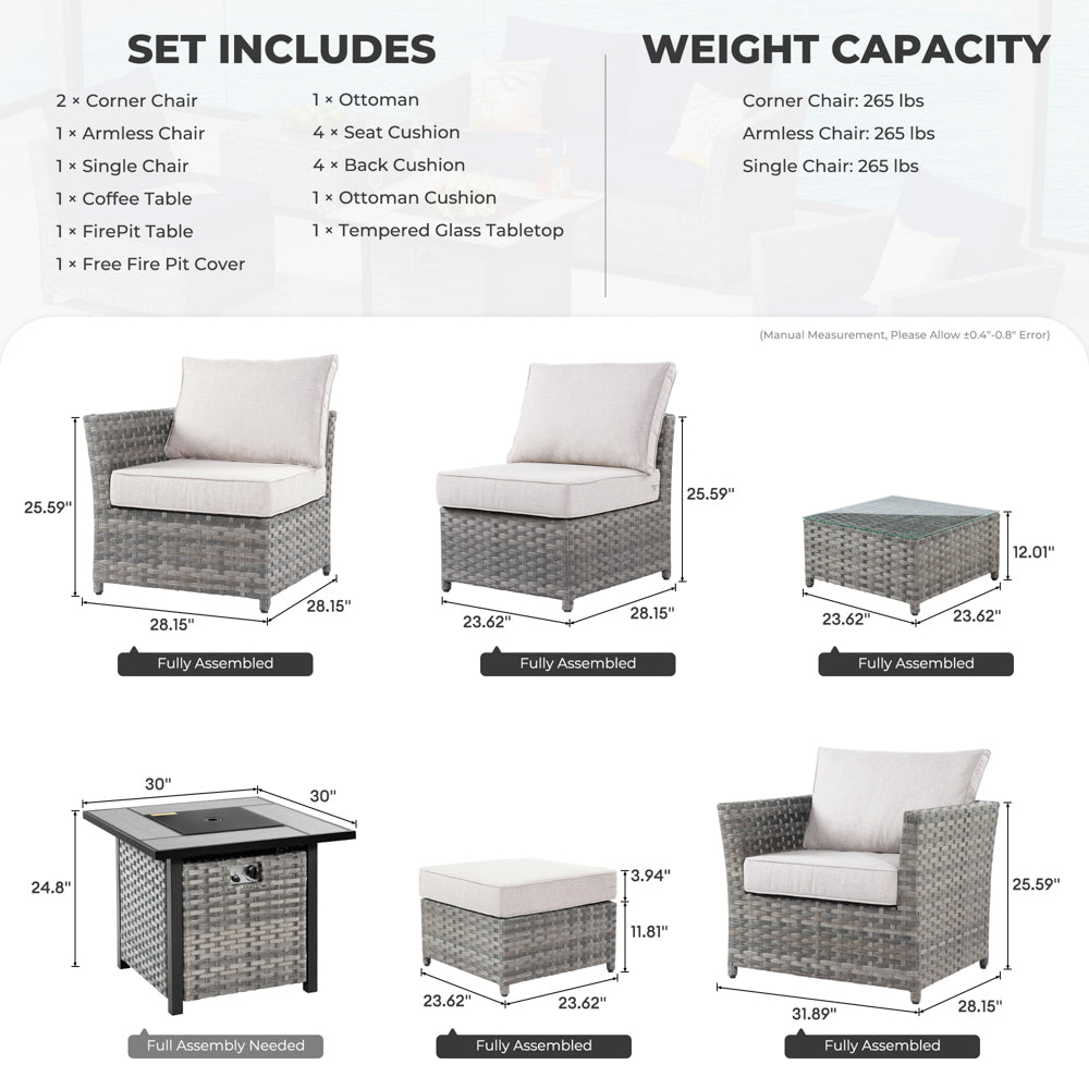 OVIOS Patio Furniture Set New Rimaru 7-Piece Set include 30'' Square Fire Pit Table Partially Assembled