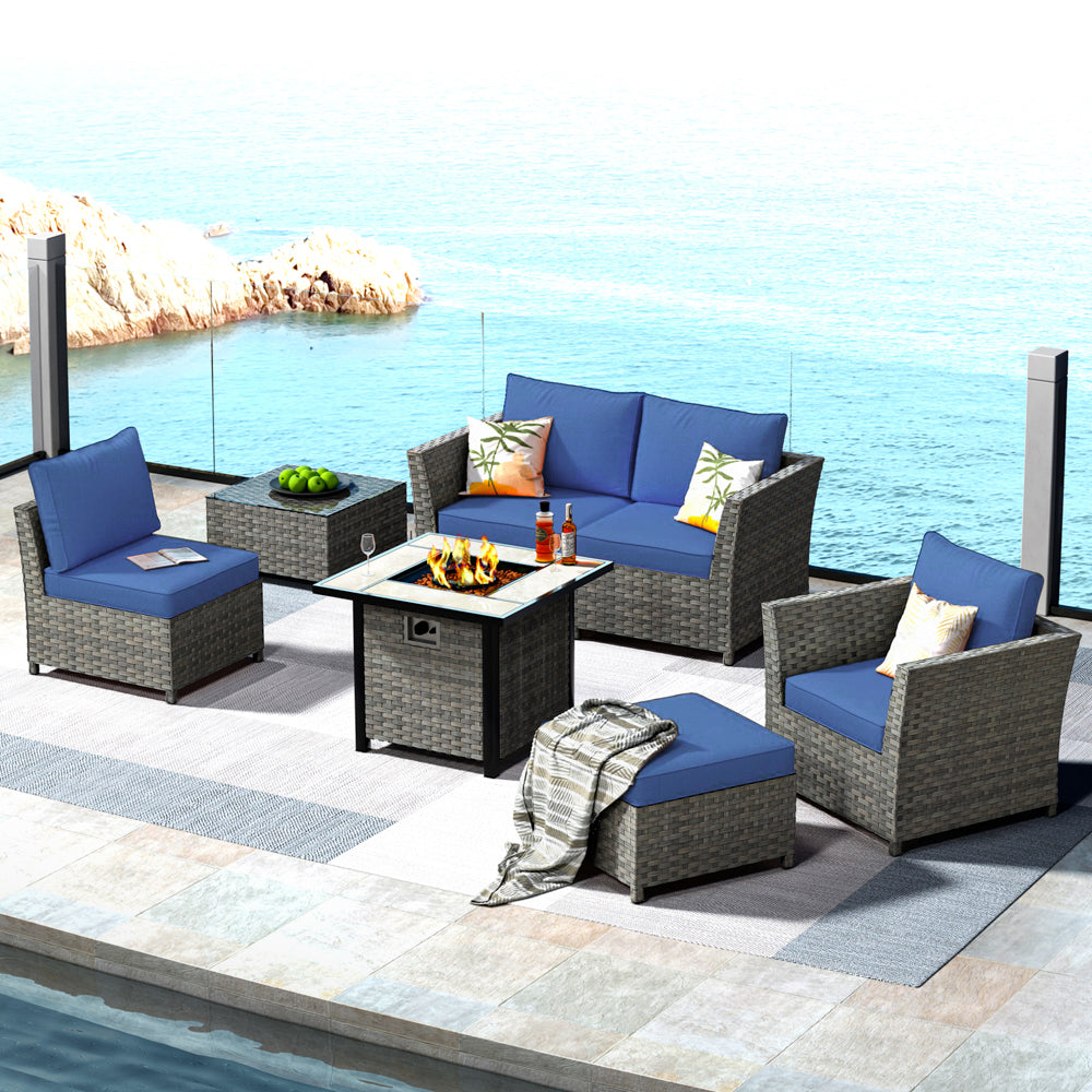 OVIOS Patio Furniture Set New Rimaru 7-Piece Set include 30'' Square Fire Pit Table Partially Assembled