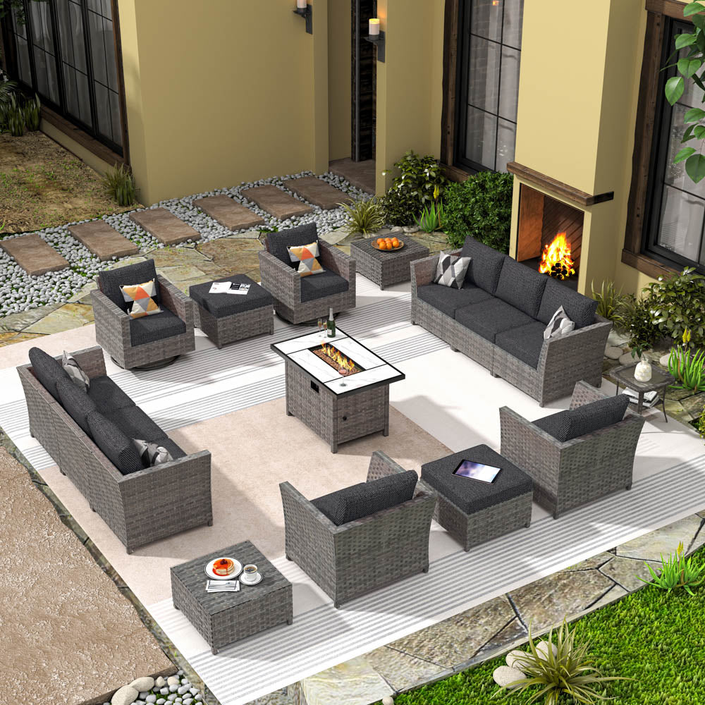 OVIOS New Rimaru Series Patio Furniture Set 15-Piece include Swivel Chairs and 42"Rectangle Fire Pit Table Partially Assembled