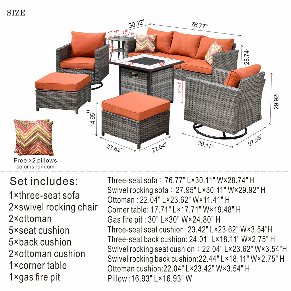 OVIOS Patio Vultros 7-Piece Set with 2 Rocking chairs and 30'' Propane Fire Pit Table