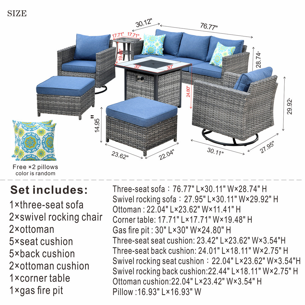 OVIOS Patio Vultros 7-Piece Set with 2 Rocking chairs and 30'' Propane Fire Pit Table