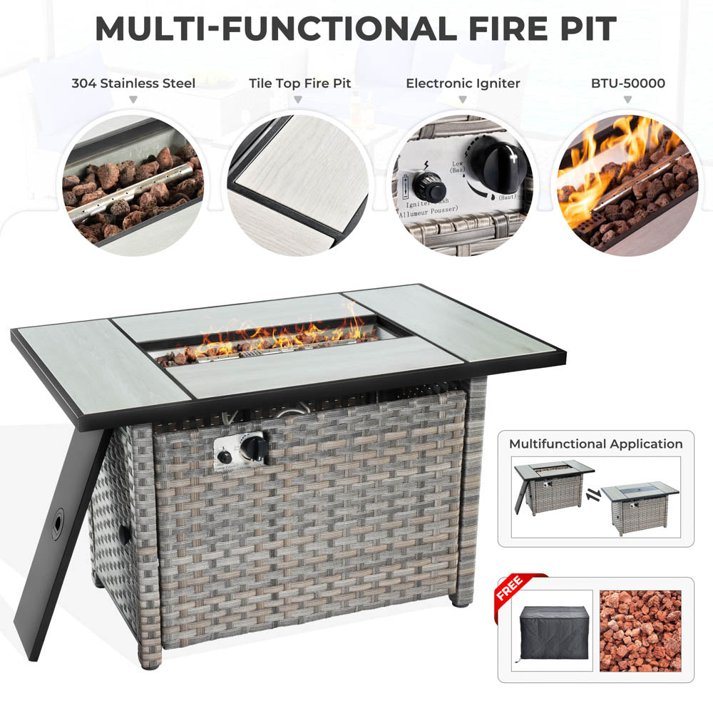OVIOS New Rimaru Series Patio Furniture Set 15-Piece include Swivel Chairs and 42"Rectangle Fire Pit Table Partially Assembled